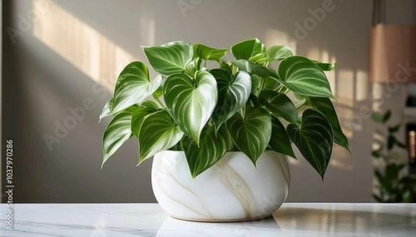 Obraz A photo of a Pothos plant (Epipremnum aureum) with large, heart-shaped leaves in shades of vibrant green, The plant is placed in a sleek, luxurious white marble pot. The background is a beige wall wit
