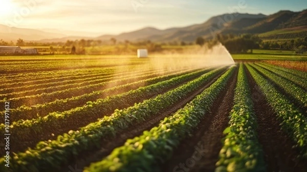 Fototapeta Lush green fields being irrigated under a warm sunset, showcasing agricultural practices.