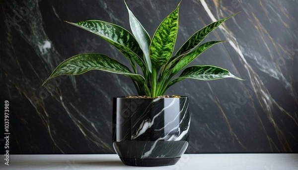 Obraz A glossy black marble background reflecting the elegance and sophistication of the image. A snake plant in a sleek, shiny black marble pot is placed at the forefront of the image.