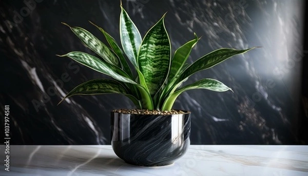 Obraz A glossy black marble background reflecting the elegance and sophistication of the image. A snake plant in a sleek, shiny black marble pot is placed at the forefront of the image.