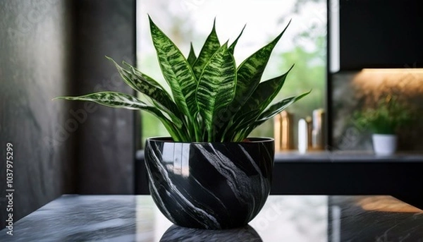 Obraz A glossy black marble background reflecting the elegance and sophistication of the image. A snake plant in a sleek, shiny black marble pot is placed at the forefront of the image.