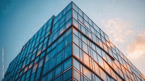 Fototapeta Low angle view of a modern glass office building against a blue sky.