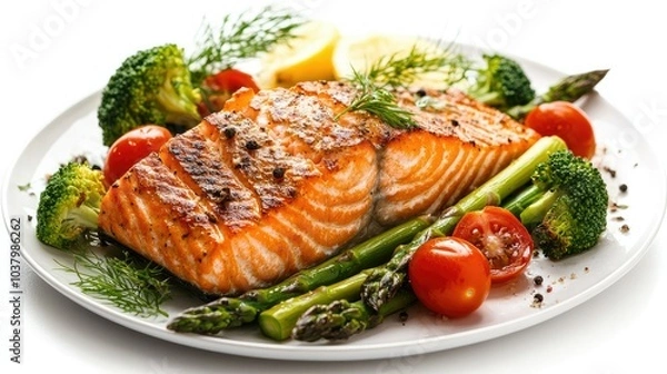 Fototapeta A perfectly roasted salmon steak on a plate surrounded by fresh asparagus, broccoli, and cherry tomatoes, placed on a clean white background. Nutritious and vibrant.