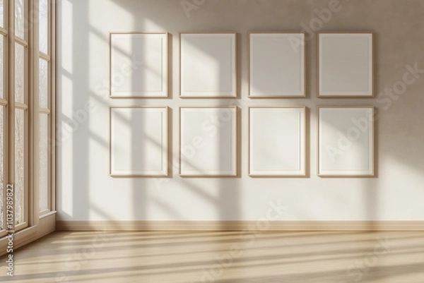 Fototapeta Bright Interior With Empty Frames on a Wall and Sunlight Casting Shadows in a Contemporary Setting
