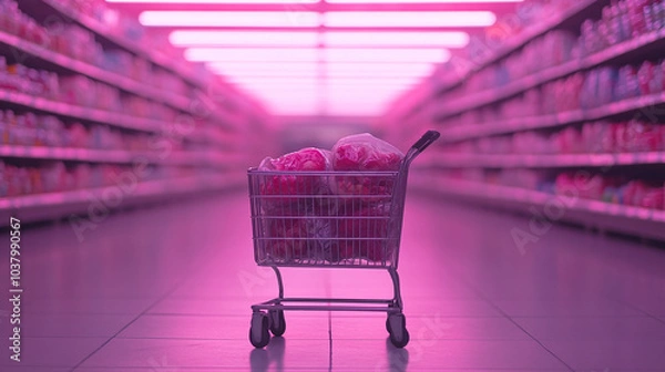 Fototapeta Shopping Cart in a Pink Lit Supermarket Aisle