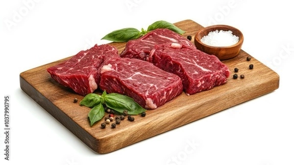 Fototapeta Raw marbled beef steaks on a wooden cutting board, ready for preparation, with salt and pepper beside it, set on a white background. Rich and fresh.