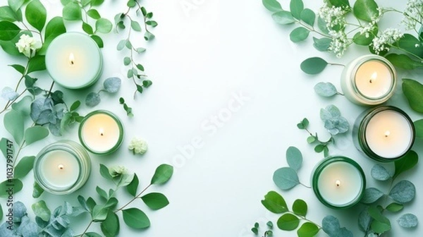 Obraz Green Candles with Eucalyptus Leaves on Mint Background   Spa  Aromatherapy  Relaxation