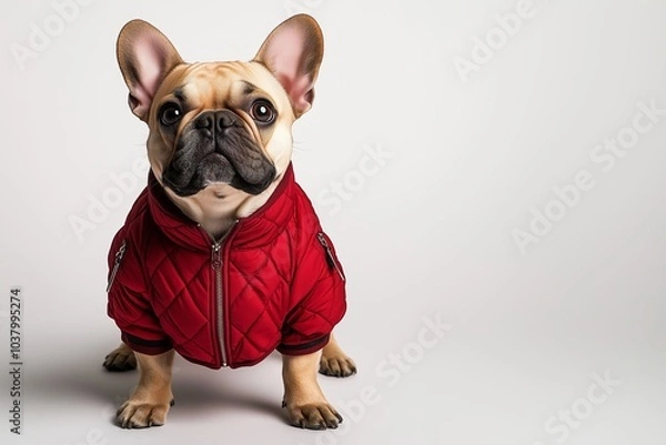 Fototapeta French Bulldog Wearing a Stylish Red Jacket Against a Plain Background, Showcasing Its Playful Personality and Adorable Features