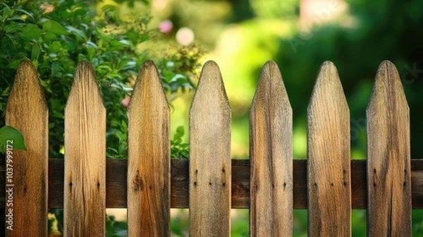 Obraz Rustic Wooden Fence Against Lush Green Background