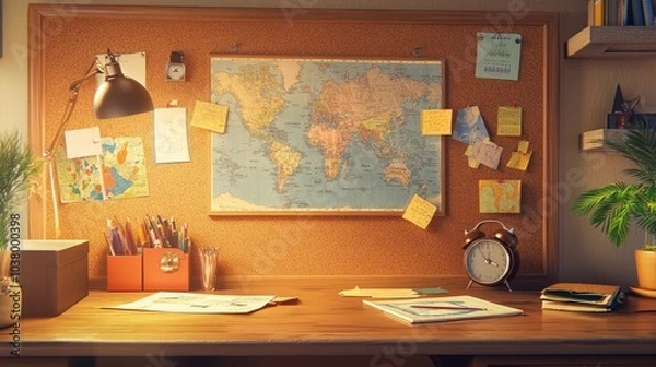 Fototapeta Cozy workspace with world map and notes