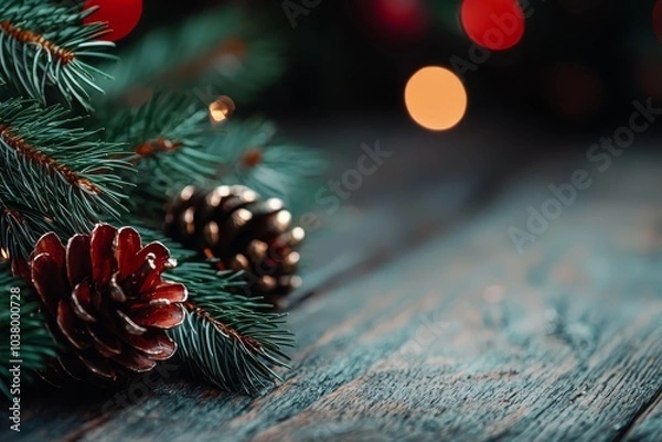 Fototapeta  A tight shot of a pine cone against a pine tree, surrounded by a softly blurred backdrop of twinkling lights
