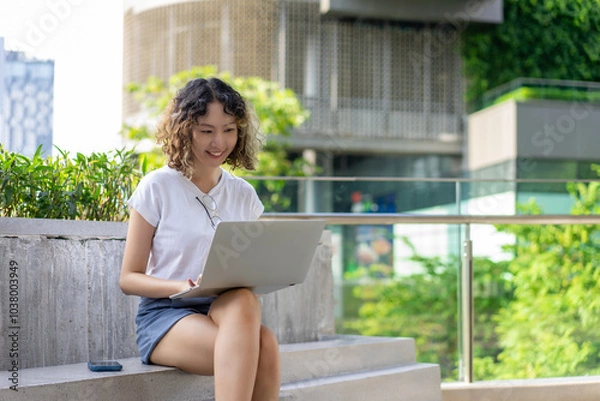 Obraz Asian young woman sits outdoors using a laptop, smiling while working in an urban setting. Perfect for remote work, technology, and lifestyle themes.