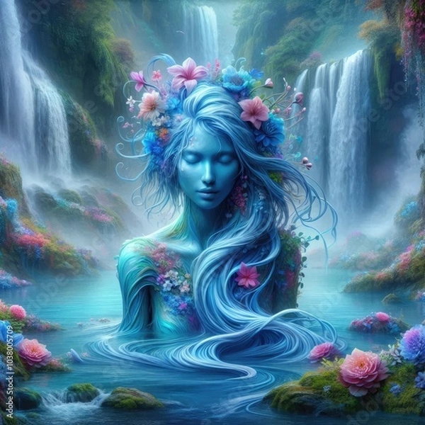 Obraz Serene Water Spirit: A Blue-Skinned Ethereal Goddess Emerging from Tranquil Waters, Adorned with Vibrant Flowers Amidst Cascading Waterfalls in a Magical, Dreamlike Fantasy Realm