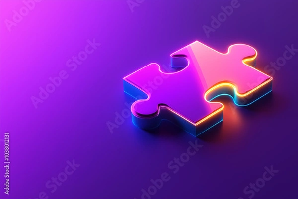 Obraz Colorful 3D puzzle piece with neon glow on a purple background.