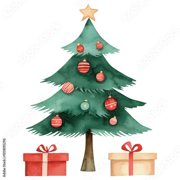 Fototapeta A festive Christmas tree adorned with colorful ornaments, surrounded by neatly wrapped presents, perfect for holiday celebrations.