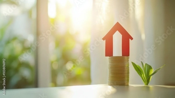 Fototapeta Red Upward arrow on money coin stack as growth graph steps in home shape symbol,Savings, income, home investment, real estate price value, property profit concepts,the rising price of real estate.