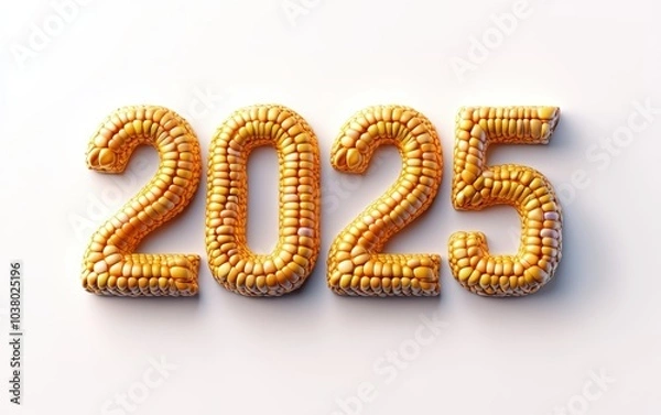Fototapeta 3D text "2025" with corn texture realistic modern design, soft lighting, white background 