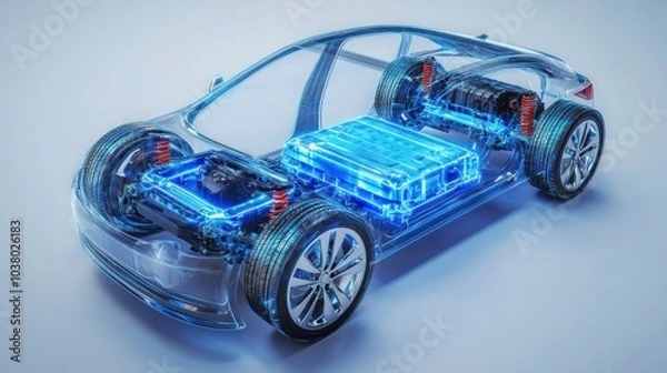 Fototapeta Transparent electric car model showcasing internal components like battery and motors.