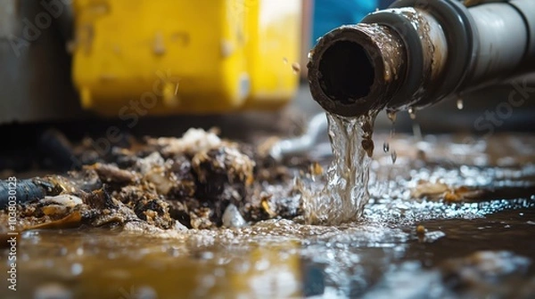 Fototapeta Sewage leak causing contamination, dirty water flowing from pipe, debris present