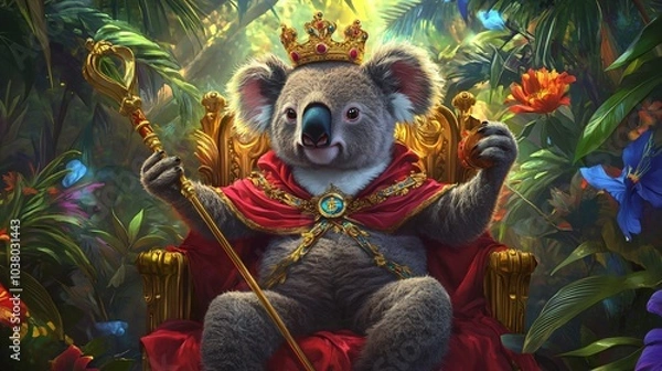 Obraz A koala wearing a crown and royal robes sits on a throne in a jungle setting.