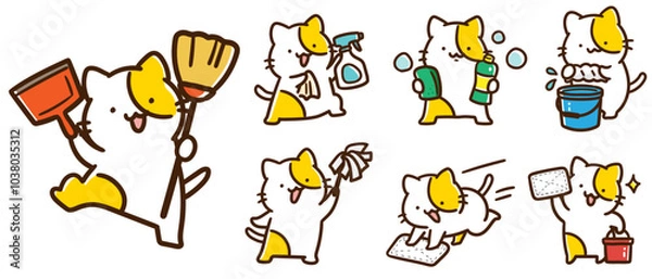 Obraz いろいろな方法で掃除をするかわいいねこのキャラクターのデフォルメイラストセット