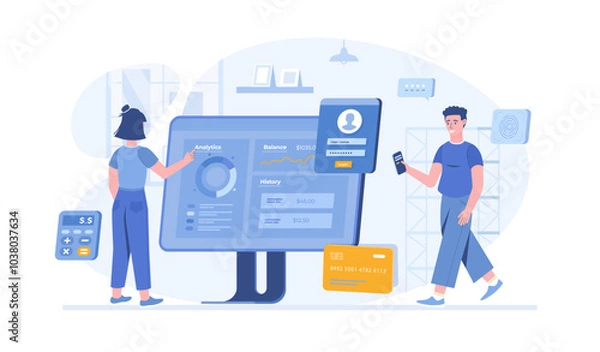 Fototapeta Virtual finance. Online banking and accounting. Online paying, financial transactions, accounting research. Vector illustration with characters in flat design for web banner.