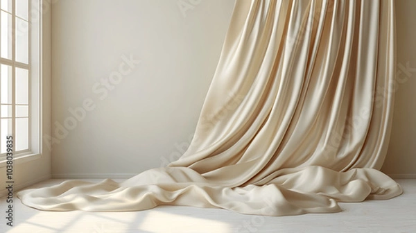 Fototapeta Elegant soft beige fabric drape with gentle light and shadows, creating a serene and luxurious atmosphere
