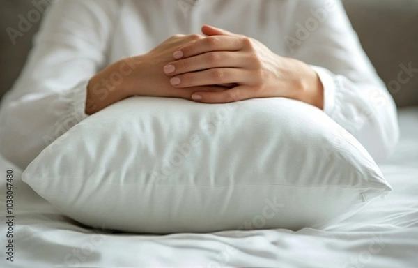 Obraz Calm hands resting on a white quilted pillow in a serene indoor setting during daytime