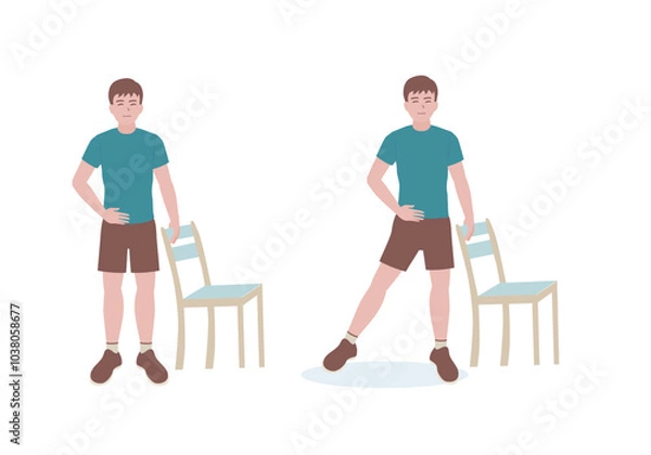 Obraz Exercises that can be done at-home using a sturdy chair.
Stand adjacent to a chair  Lift one leg and keep the other and hold it in that position for 5-10 seconds with Side Leg Raise. Cartoon style.