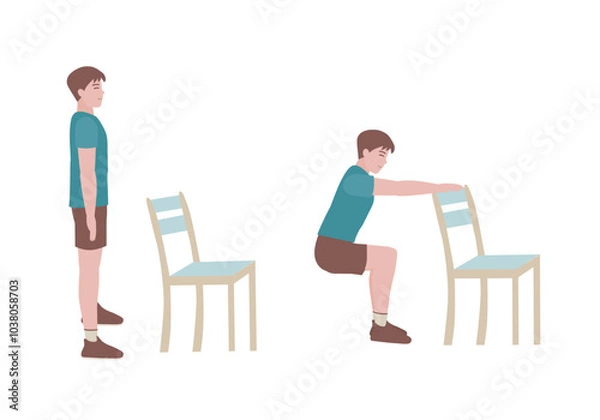 Fototapeta Exercises that can be done at-home using a sturdy chair.
Extend arms in front and level with the shoulders. Slowing bending at the hips and lower down to sit on the chair. with Chair Squats posture. 