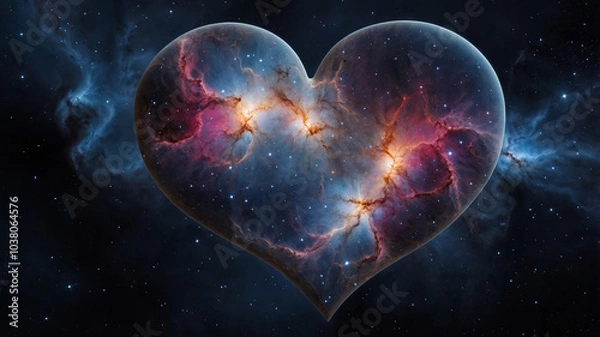 Fototapeta A heart-shaped nebula with vivid colors and bright stars in a stunning cosmic space scene.
