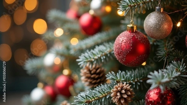Fototapeta Close-up of Christmas Tree with Ornaments and Pinecones