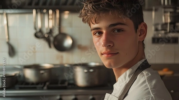 Fototapeta Young Chef in a Modern Kitchen Environment