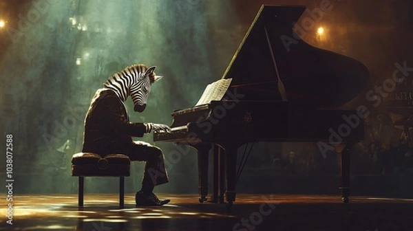 Fototapeta A zebra in a suit plays a grand piano on a stage in front of a foggy background.