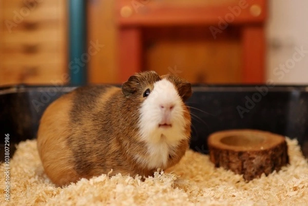 Fototapeta the guinea pig is waiting to be fed in the bowl