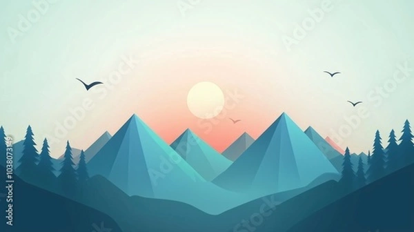 Obraz Mountain landscape with sunset, geometric shapes, birds, trees