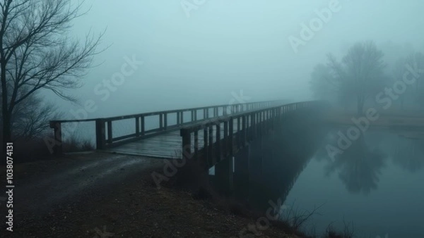 Obraz Wooden Walkway Leading Through Misty Waterside in Autumn