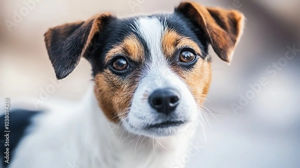 Fototapeta A close-up of a Jack Russell Terrier's face, showing its big brown eyes.