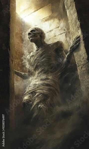 Obraz Mummy emerging from dusty tomb.