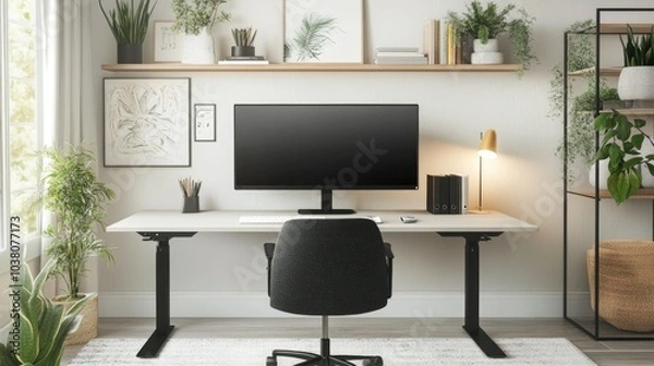 Fototapeta A beautifully organized home office with a sleek desk, large monitor, wireless accessories, and minimalist decor, creating a calm and productive workspace.