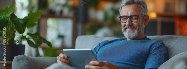 Fototapeta Smiling relaxed middle aged man in a blue top looking away holding tab relaxing on sofa at home. Happy mature male using digital tablet sitting on couch in modern living room.
