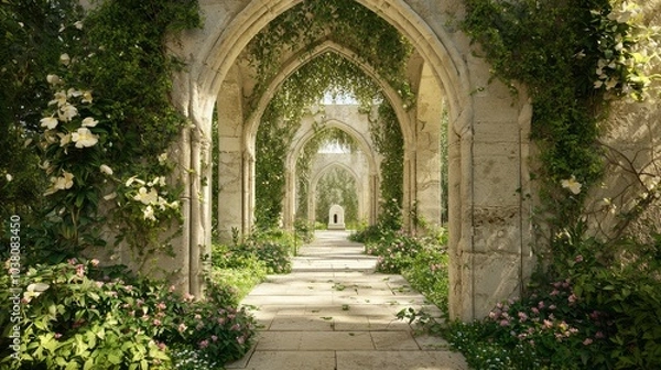 Obraz Enchanting Stone Archway to Tomb with Vibrant Flora | Detailed Architecture and Nature Contrast