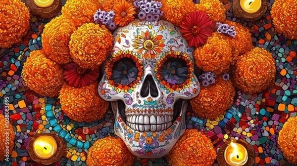 Fototapeta Colorful Calavera with Flowers and Candles Illustration day of the dead
