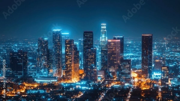 Obraz A smart city skyline at night with illuminated buildings, Urban development scene, Futuristic style