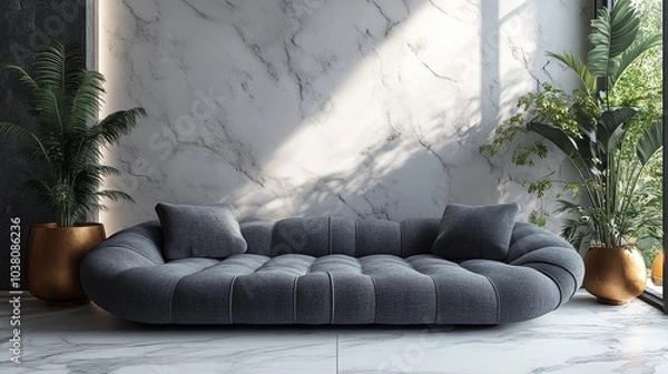 Fototapeta Scandinavian Interior with Modern Gray Sofa in Minimalist Living Room Design. Generative AI
