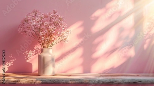Fototapeta A white vase with pink flowers sits on a wooden shelf against a pink wall with sunlight streaming in through a window casting shadows.