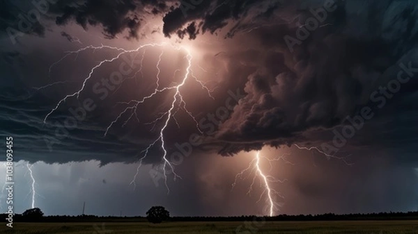 Obraz A dramatic lightning storm illuminates the dark sky with multiple lightning strikes.