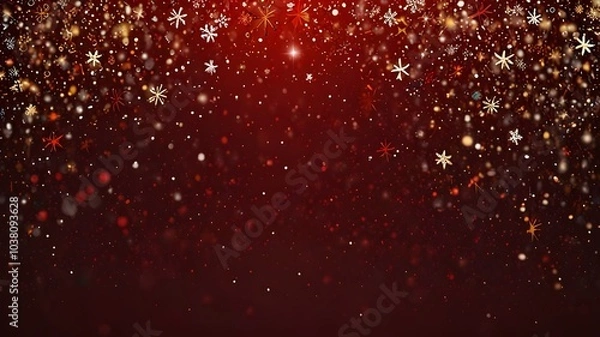 Fototapeta A festive red Christmas background adorned with golden snowflakes of various sizes and sparkling white stars. The vibrant color scheme and glittering details evoke the cheerful holiday spirit.