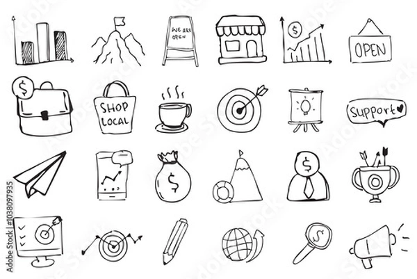 Obraz Doodle business hand drawn icon set. Business idea, startup doodle line icon set, Black background