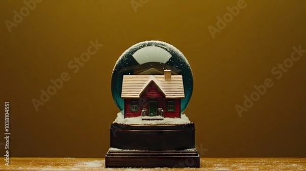 Fototapeta Cozy house inside a snow globe, snowflakes gently falling, creating a magical and whimsical winter holiday scene.
